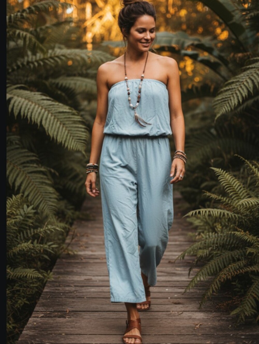 Light Blue Wide-Leg Strapless Jumpsuit Bare shoulder Style